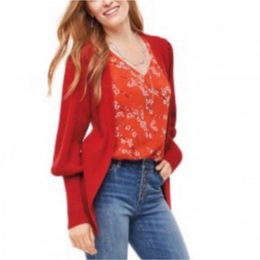 Cabi Moulin Rouge Cabaret Red Chic Ribbed Balloon Sleeve Cardigan L